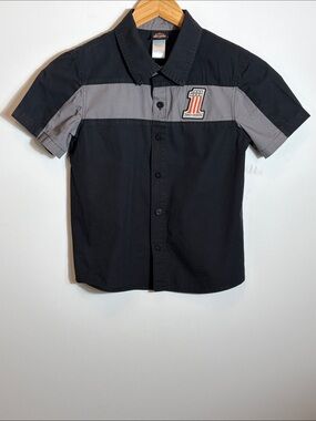 Harley Davidson Youth 8 10 Button Front Shirt Black Gray Short Sleeve Logo